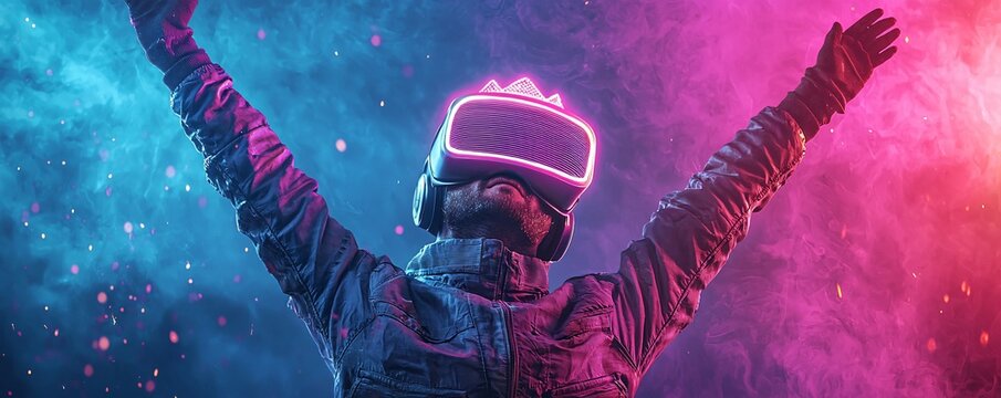 Man in VR Headset With Arms Raised in the Air.