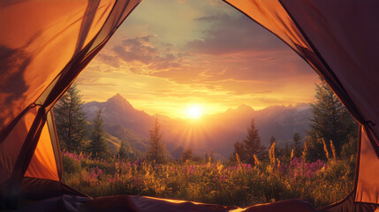 Spacious camping tent with a panoramic view of a mountain landscape at sunset.