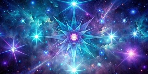 Obraz premium Ethereal celestial bodies burst forth in radiant hues of blue and purple, geometric patterns unfolding like nature's own cosmic tapestry.