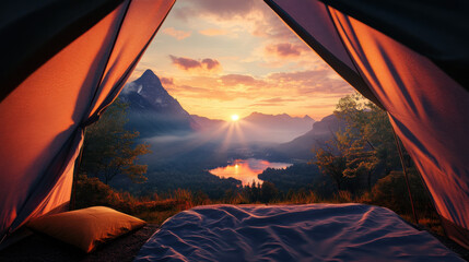 Spacious camping tent with a panoramic view of a mountain landscape at sunset.