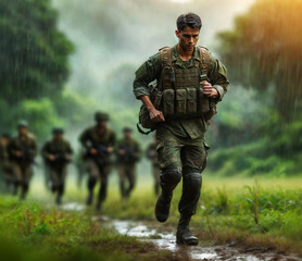 Young military man running ahead of a group of soldiers during military exercises.