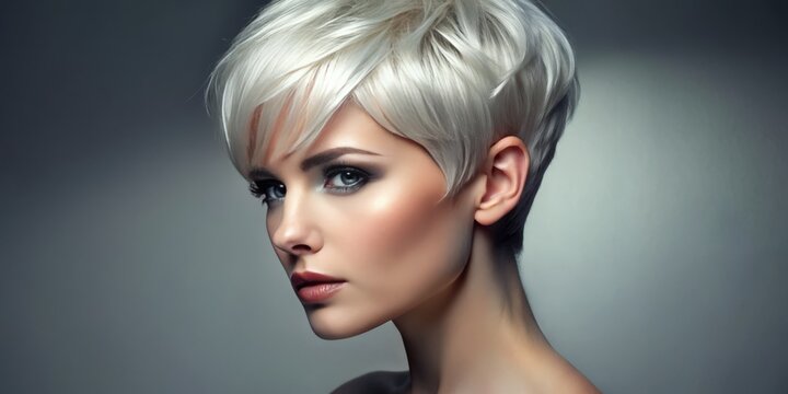 Ethereal glow illuminates sharp lines and ash-blonde locks in this precise pixie cut, exuding an air of mystical precision.