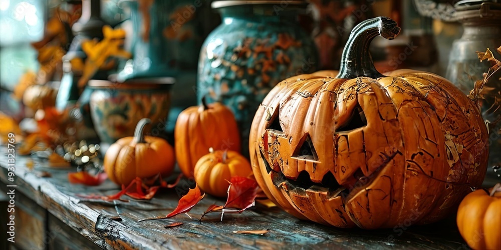 Poster a table with a pumpkin with a scary face on it and other pumpkins on it