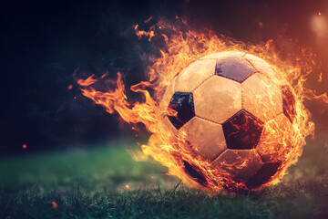 Naklejka premium fiery ball, fiery football, black background, dark, fiery soccer ball engulfed in hot flames