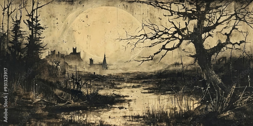Poster a painting of a moonlit forest with a large tree in the foreground