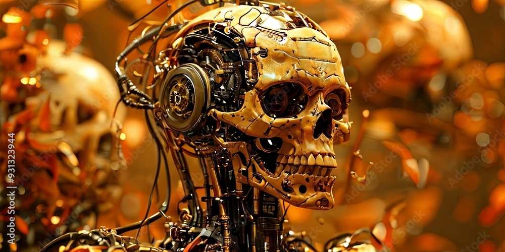 Poster A robot head with a skull on top of it