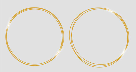 Round golden frames with glow effects. Geometric circle line design elements for wedding, birthday, Christmas, new year
