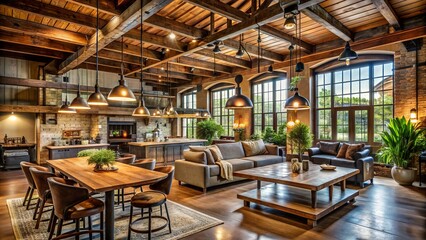Fototapeta premium Exposed beams and metal accents meet rustic charm, illuminated by warm lighting.