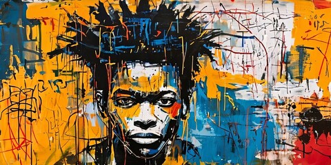 A painting of a man with a shaved head and a beard