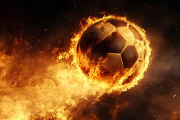 Naklejka premium fiery ball, fiery football, black background, dark, fiery soccer ball engulfed in hot flames