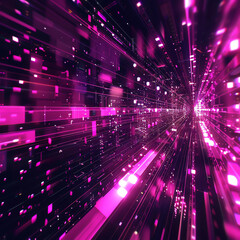 Naklejka premium Vibrant digital tunnel with pink and purple light trails, creating a futuristic and dynamic atmosphere for technology-themed visuals.