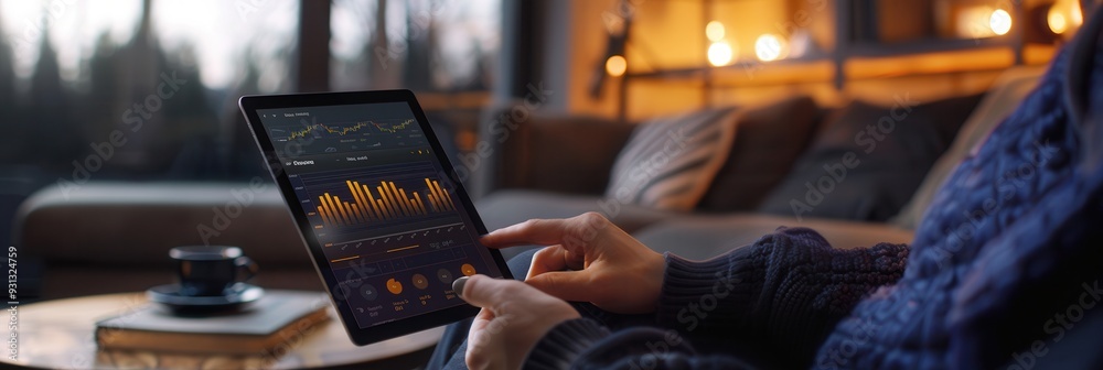 Poster individual checks real-time stock market data on a tablet while sitting comfortably in a warmly lit 
