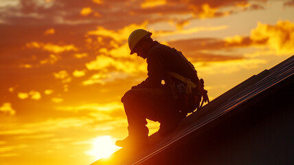 Roofer working at sunset on a sloped roof with vibrant orange and yellow skies in the background