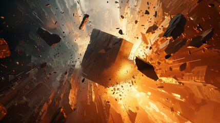 a 3D abstract scene where a solid object is breaking apart into fragments, with shards flying outward in all directions, background, wallpaper 