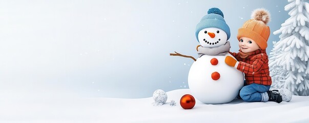 Kids building a snowman, winter fun, flat design illustration