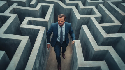 A businessman searches for a way out of maze. The concept of problem-solving, challenges in business, and the determination to find solutions. Generative AI.