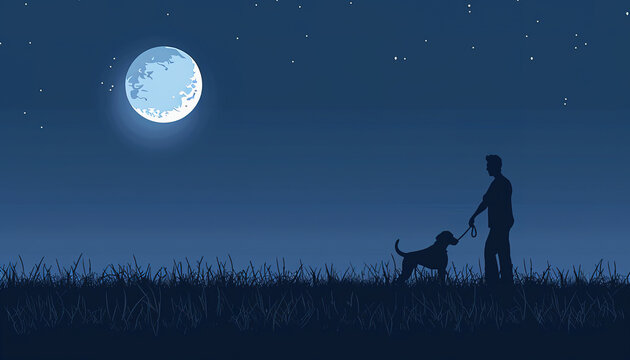 Silhouette of a Person Walking a Dog Under a Full Moon