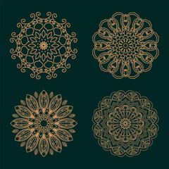 Gold mandala set for yoga, coloring book, textile, stickers isolated on green background. Modern mandala design