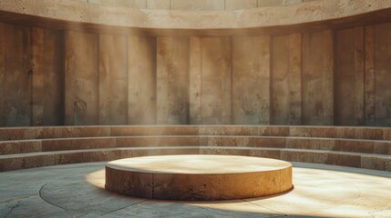 A serene, illuminated space featuring a circular platform surrounded by textured walls, ideal for presentations or performances.