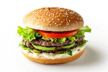 Avocado burger with fresh vegetables isolated on white