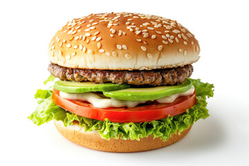Avocado burger with fresh vegetables on white