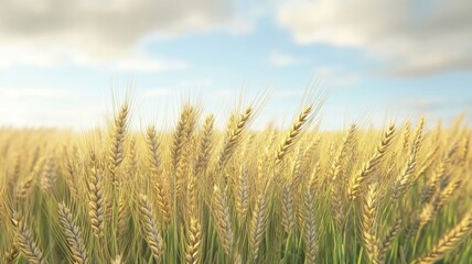 Fototapeta premium Golden wheat field swaying under a serene sky, perfect for agricultural and nature-themed projects.