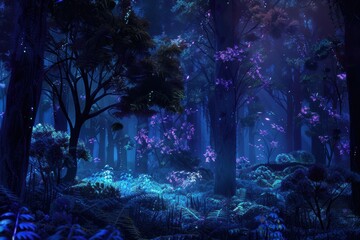 Obraz premium A holographic forest, with trees and plants glowing softly in the dark.