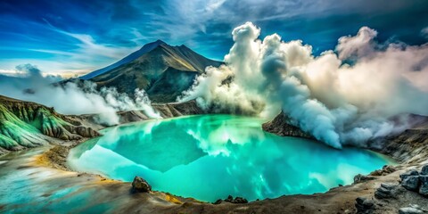 Fototapeta premium Mist-shrouded volcanic terrain stretches out in eerie twilight, with turquoise hues gazing up at wispy clouds clinging to the peaks of ancient, worn-down mountains.