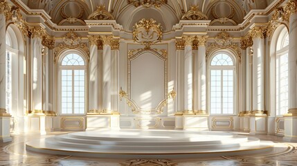 Fototapeta premium Elegant interior of a grand hall featuring ornate architecture and soft natural light, perfect for events or celebrations.