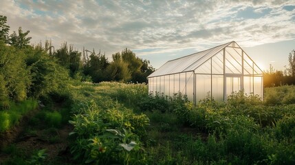 Obraz premium greenhouse in the spring, greenhouse with plants, a white greenhouse in a field, outdoor, agriculture 