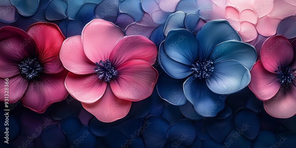 Wall mural Vibrant Cyan and Magenta Floral Bloom on Embossed Paper, generative ai