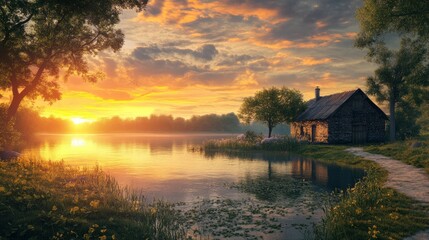 Fototapeta premium A farmhouse on a lake at dusk