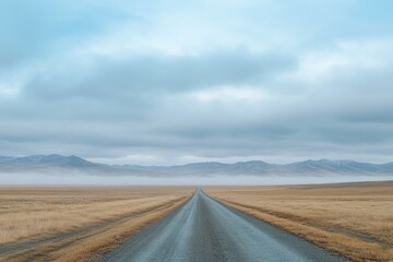 Fototapeta premium A serene landscape featuring an empty road stretching through fields and mountains under a cloudy sky.