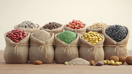 Fototapeta premium Various bags filled with an assortment of colorful legumes and grains arranged neatly on a wooden table.