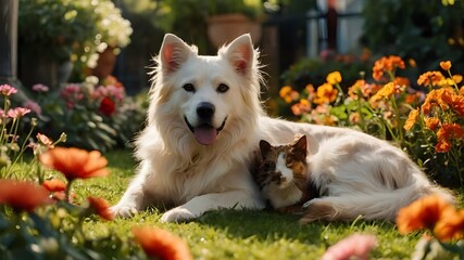 A majestic cat and dog duo, lounging in a sun-drenched garden with vibrant flowers and lush greenery, their fur glistening in the warm light.