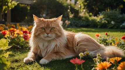A majestic cat and dog duo, lounging in a sun-drenched garden with vibrant flowers and lush greenery, their fur glistening in the warm light.