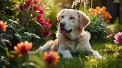 A majestic cat and dog duo, lounging in a sun-drenched garden with vibrant flowers and lush greenery, their fur glistening in the warm light.