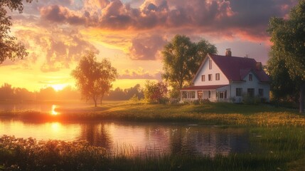 Fototapeta premium A farmhouse on a lake at dusk