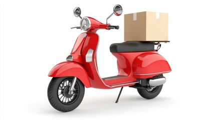 Obraz premium Red scooter with a box isolated on white background. Motorcycle delivery.