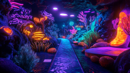 Fototapeta premium Vibrant underwater corridor with glowing coral and aquatic plants in a fantasy-themed environment
