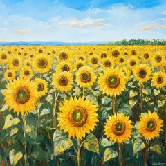 Obraz premium Vibrant field of sunflowers under a bright blue sky, showcasing nature's beauty and warmth in a picturesque landscape.