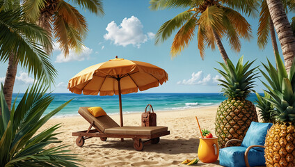 A picturesque beach setup with a lounge chair, a large umbrella, and tropical decorations, capturing the essence of a perfect vacation.