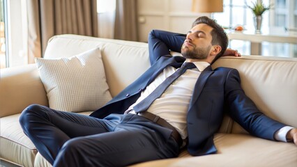 Fototapeta premium Tired businessman in elegant suit , lying in hotel sofa in the morning. resting in apartment, exhausted, relaxation, napping