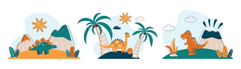 Set of dinosaur illustrations. Dinosaur landscapes. Flat style pictures for kids. Green and orange shades. Vector illustration.