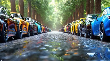 A vibrant collection of sports cars in various colors parked neatly on a picturesque, tree-lined road under sunlight.