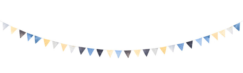 Cute, colorful, party garland with decorative festive flags. Blue, yellow, grey and black colors, triangular shape. Watercolor illustration.