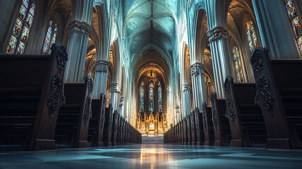 Interior view of a grand cathedral showcasing stained glass windows and carved wooden pews during daylight