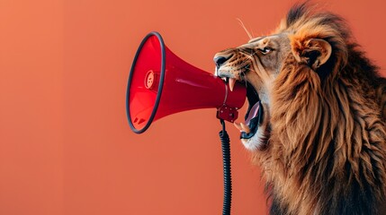 Fototapeta premium Lion roaring on a megaphone. Advertisement concept with wide copy space for text. 