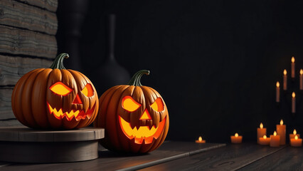 Glowing Jack-o'-lanterns surrounded by candles in a dark room.
