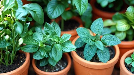 A demonstration of how to cultivate various herbs in terracotta pots, showcasing plant varieties and growth tips.